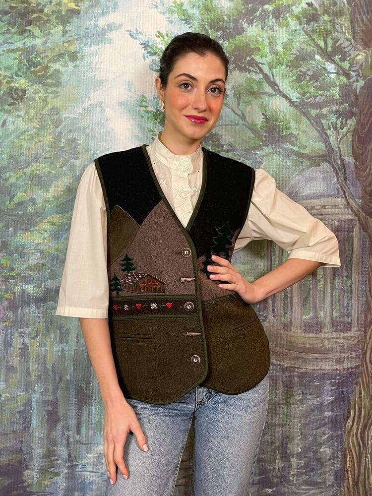Vintage Austrian embroidered landscape vest