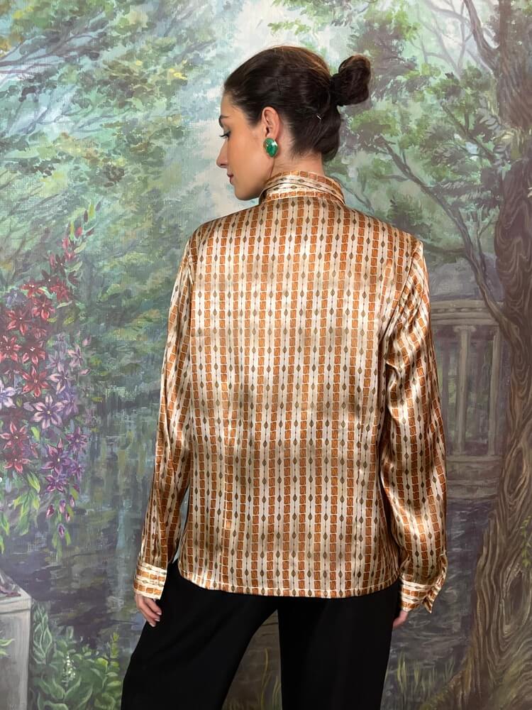 Vintage patterned satin shirt in warm beige and brown tones