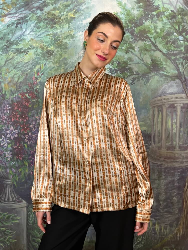 Vintage patterned satin shirt in warm beige and brown tones