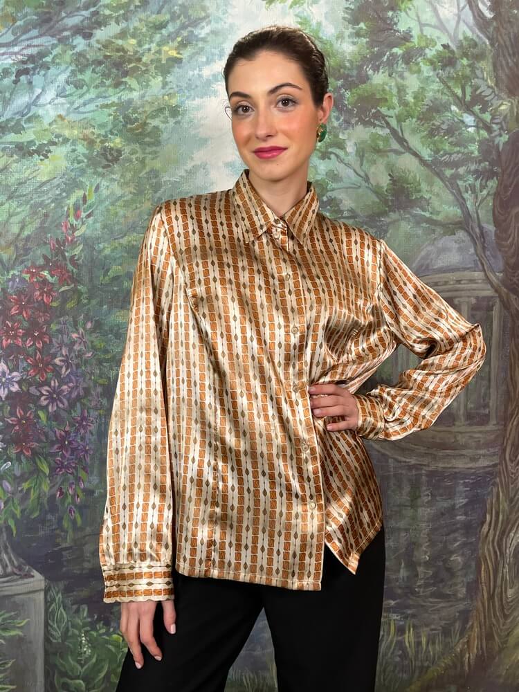 Vintage patterned satin shirt in warm beige and brown tones