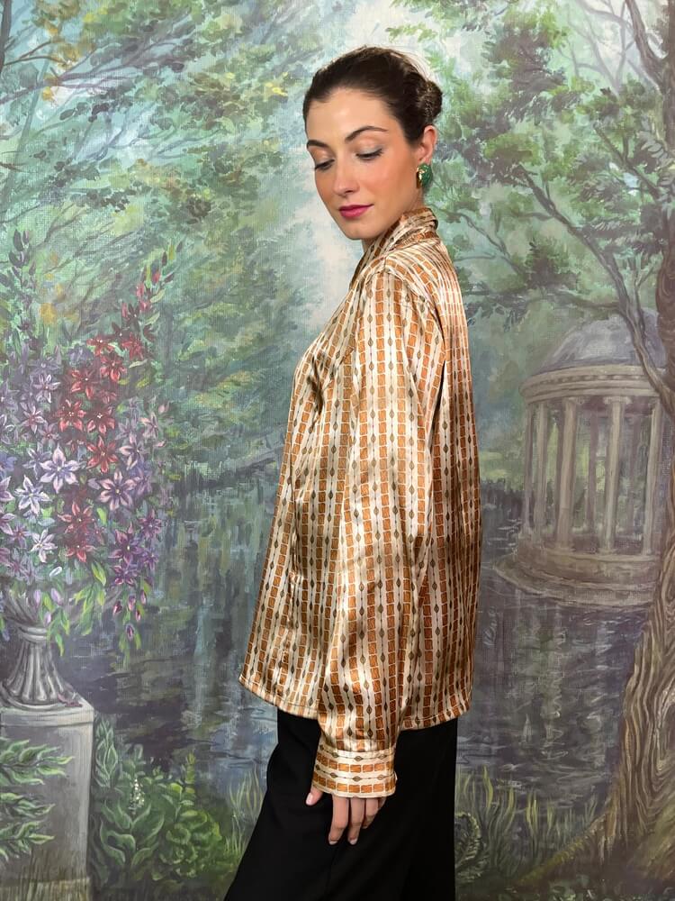 Vintage patterned satin shirt in warm beige and brown tones