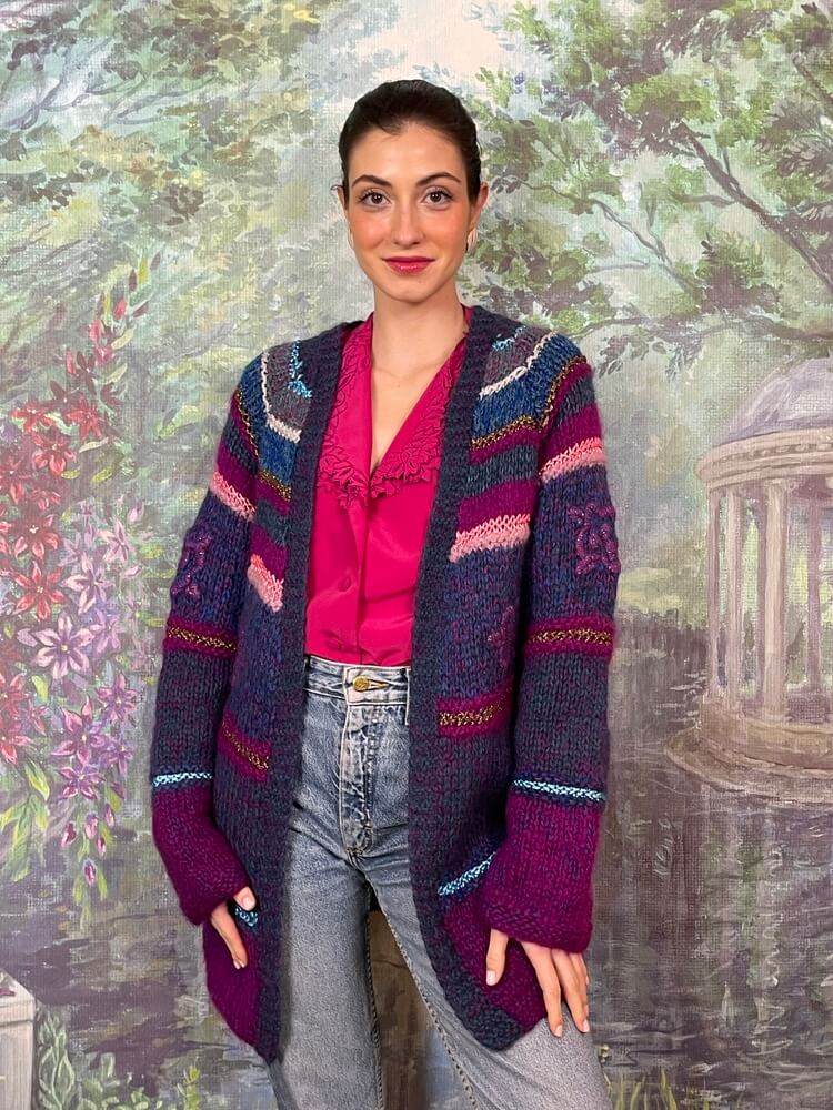 Vintage multicolor knitted cardigan with textured details