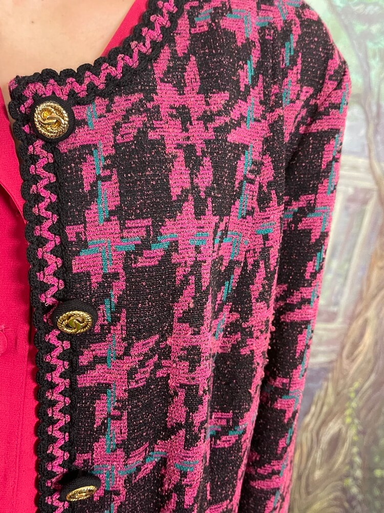 Vintage pink and black patterned knit jacket with gold buttons