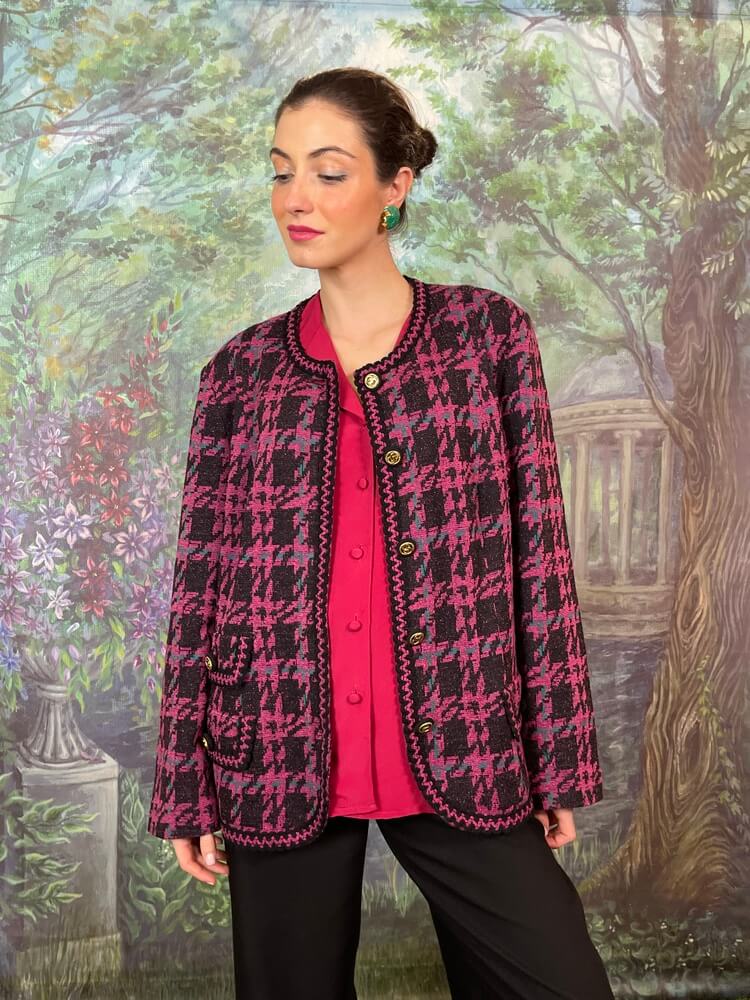 Vintage pink and black patterned knit jacket with gold buttons