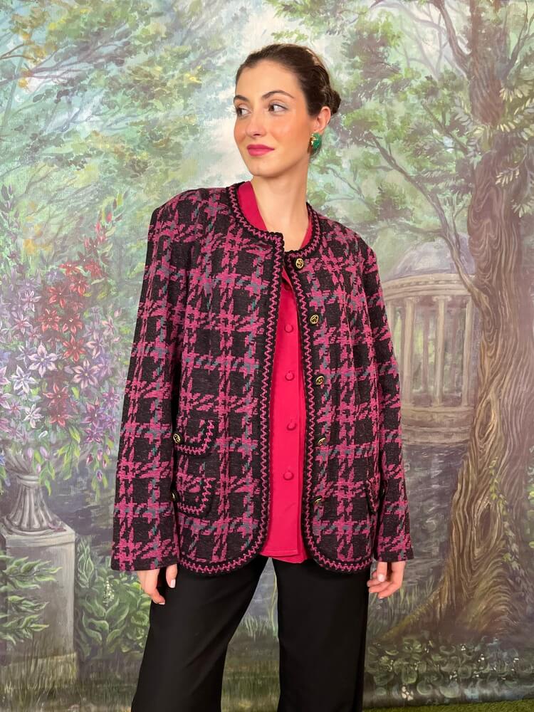 Vintage pink and black patterned knit jacket with gold buttons