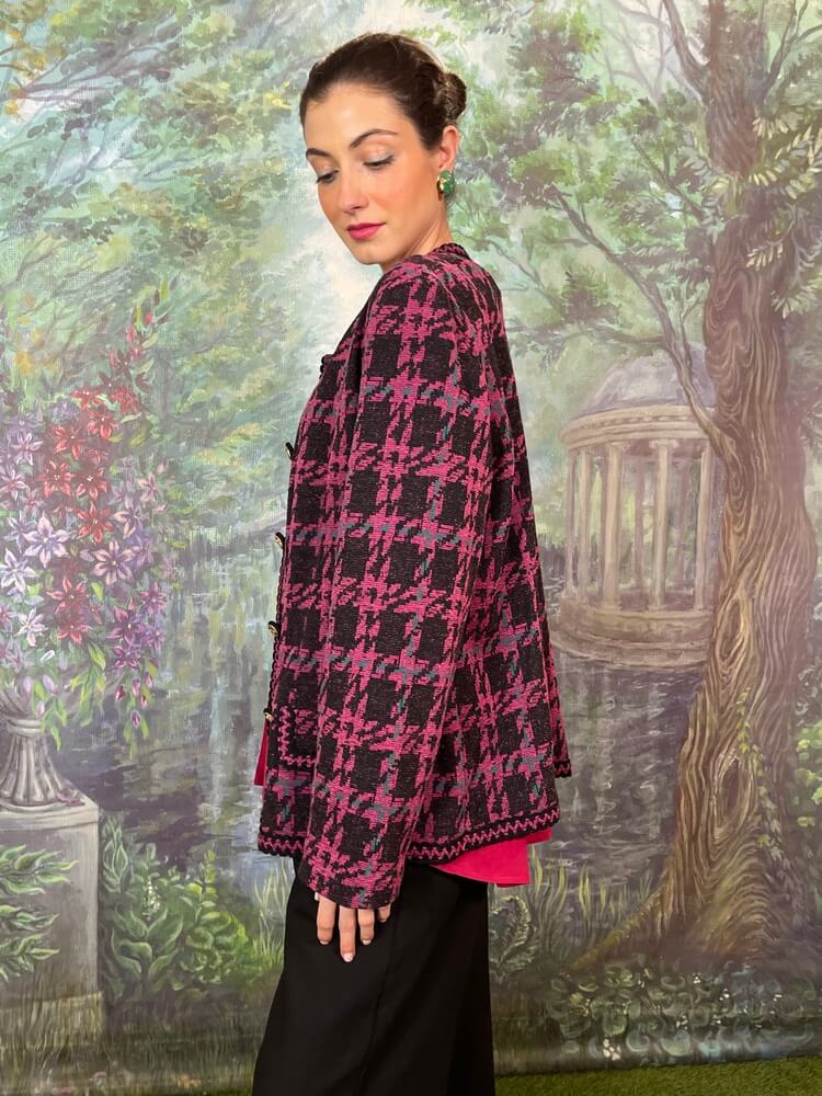 Vintage pink and black patterned knit jacket with gold buttons
