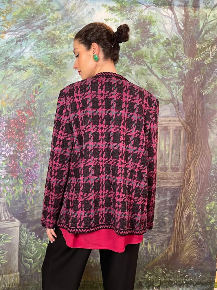 Vintage pink and black patterned knit jacket with gold buttons