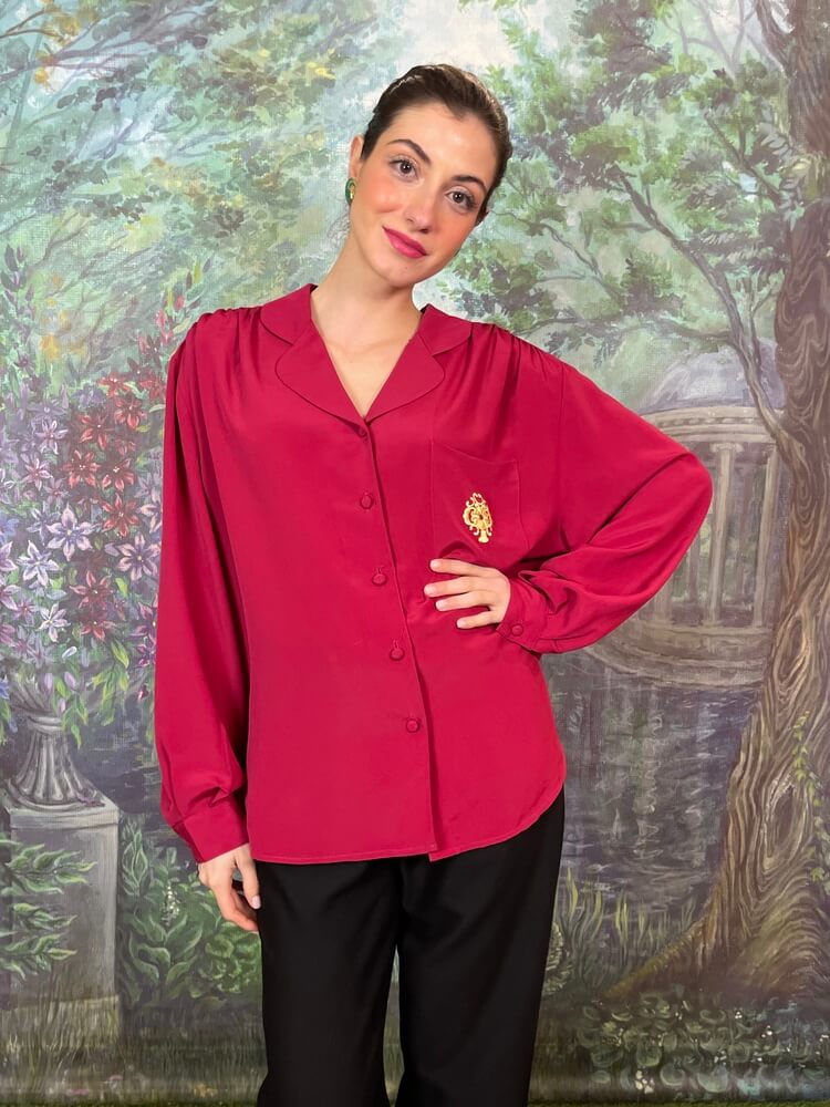 Vintage fuchsia blouse with embroidered pocket detail