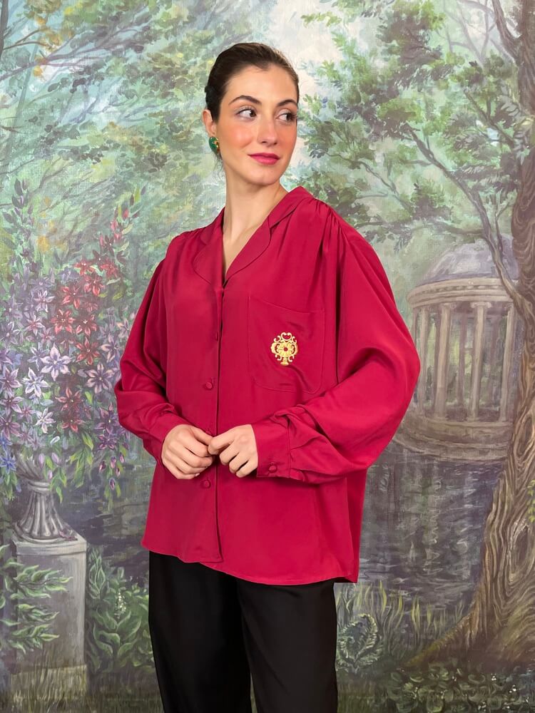 Vintage fuchsia blouse with embroidered pocket detail