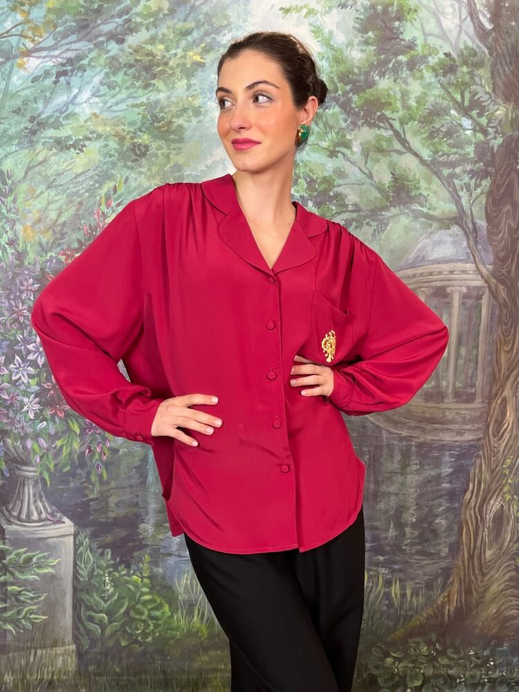 Vintage fuchsia blouse with embroidered pocket detail