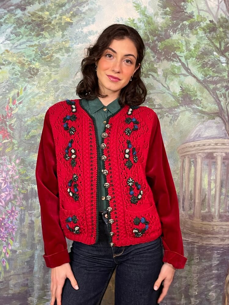 Vintage red wool and velvet jacket with embroidered details