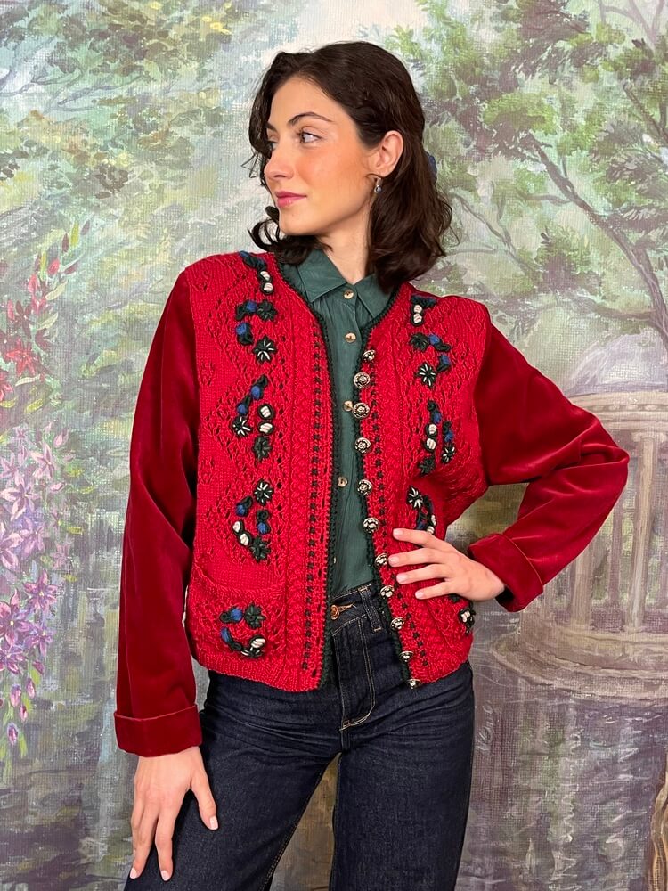 Vintage red wool and velvet jacket with embroidered details