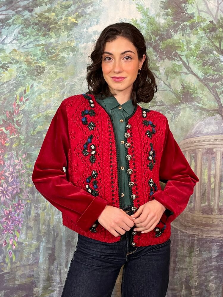 Vintage red wool and velvet jacket with embroidered details