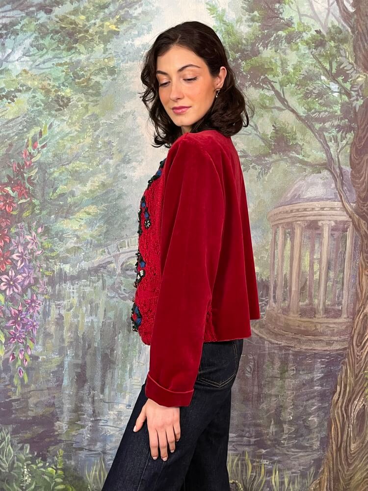 Vintage red wool and velvet jacket with embroidered details