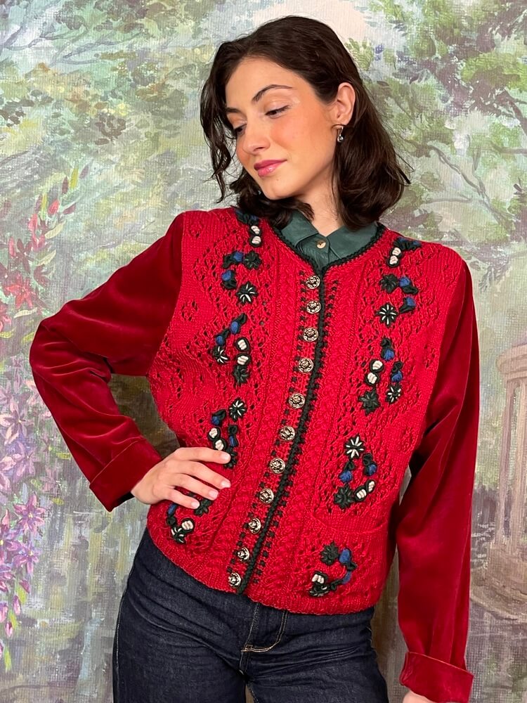 Vintage red wool and velvet jacket with embroidered details