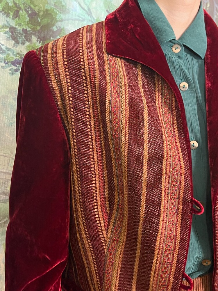 Vintage striped tapestry jacket with burgundy velvet sleeves