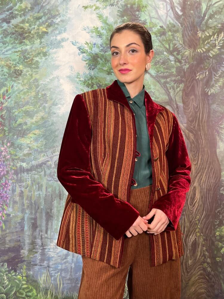 Vintage striped tapestry jacket with burgundy velvet sleeves