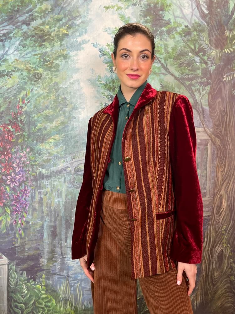 Vintage striped tapestry jacket with burgundy velvet sleeves