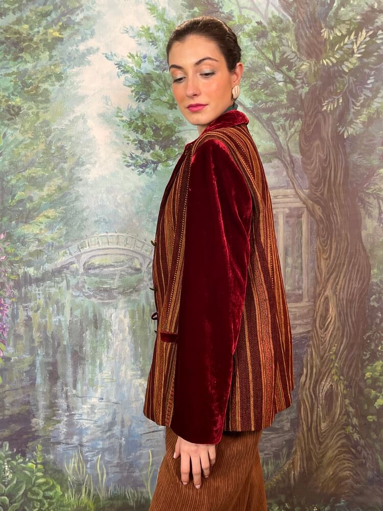Vintage striped tapestry jacket with burgundy velvet sleeves