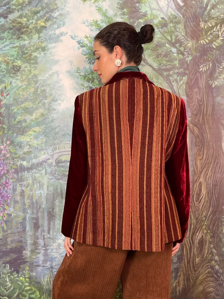 Vintage striped tapestry jacket with burgundy velvet sleeves