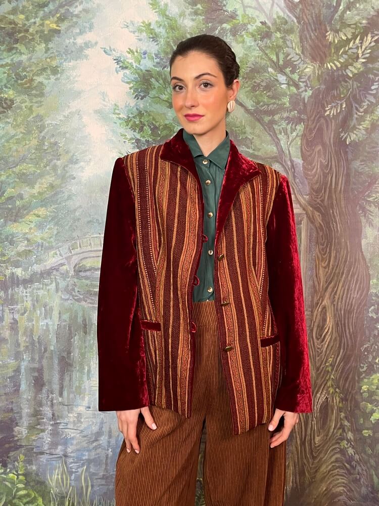 Vintage striped tapestry jacket with burgundy velvet sleeves