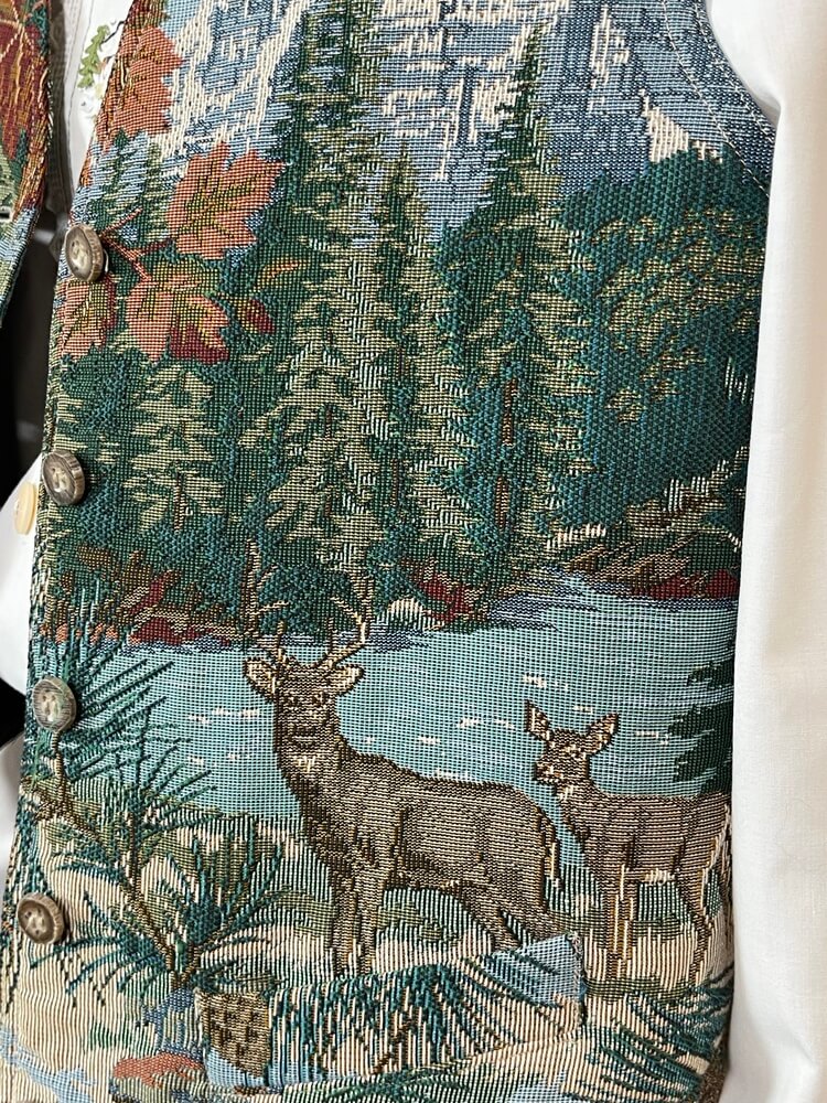 Vintage woven tapestry vest with mountain and deer landscape