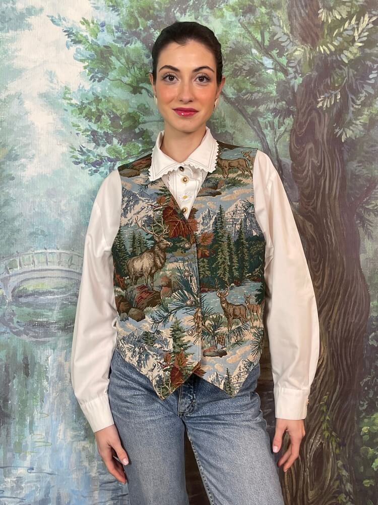 Vintage woven tapestry vest with mountain and deer landscape