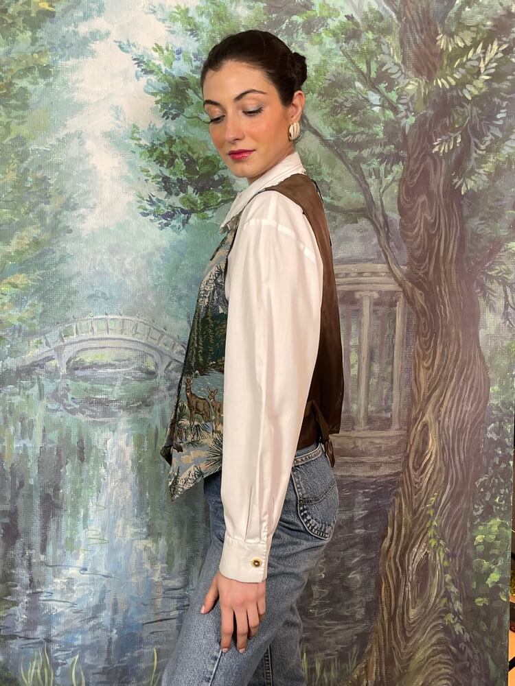Vintage woven tapestry vest with mountain and deer landscape
