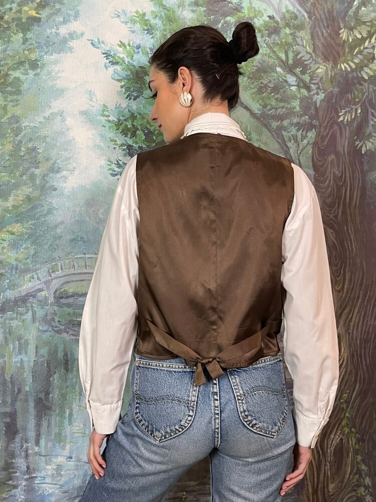 Vintage woven tapestry vest with mountain and deer landscape