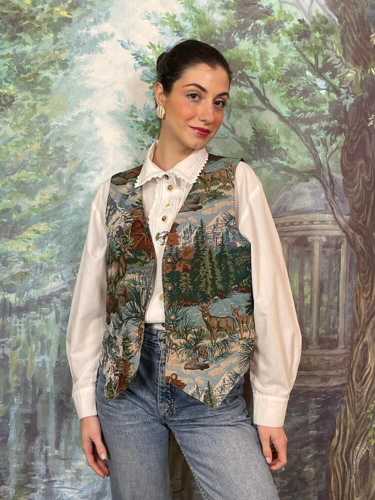 Vintage woven tapestry vest with mountain and deer landscape