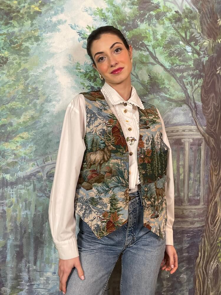 Vintage woven tapestry vest with mountain and deer landscape