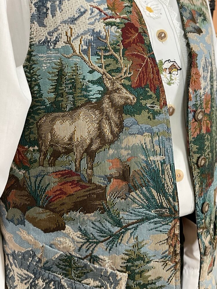 Vintage woven tapestry vest with mountain and deer landscape