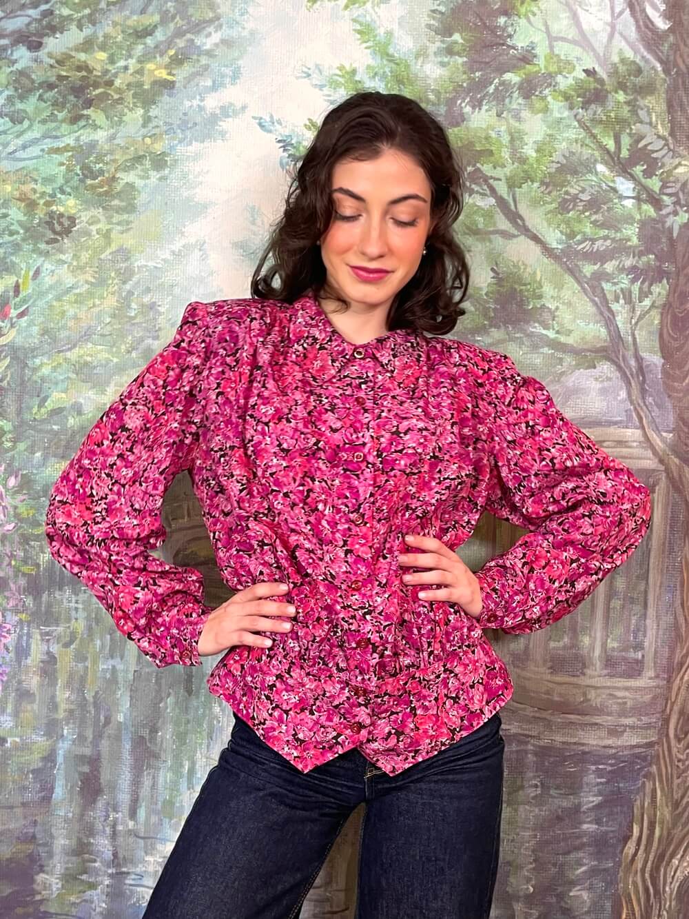 Vintage Pink Floral Printed Blouse
