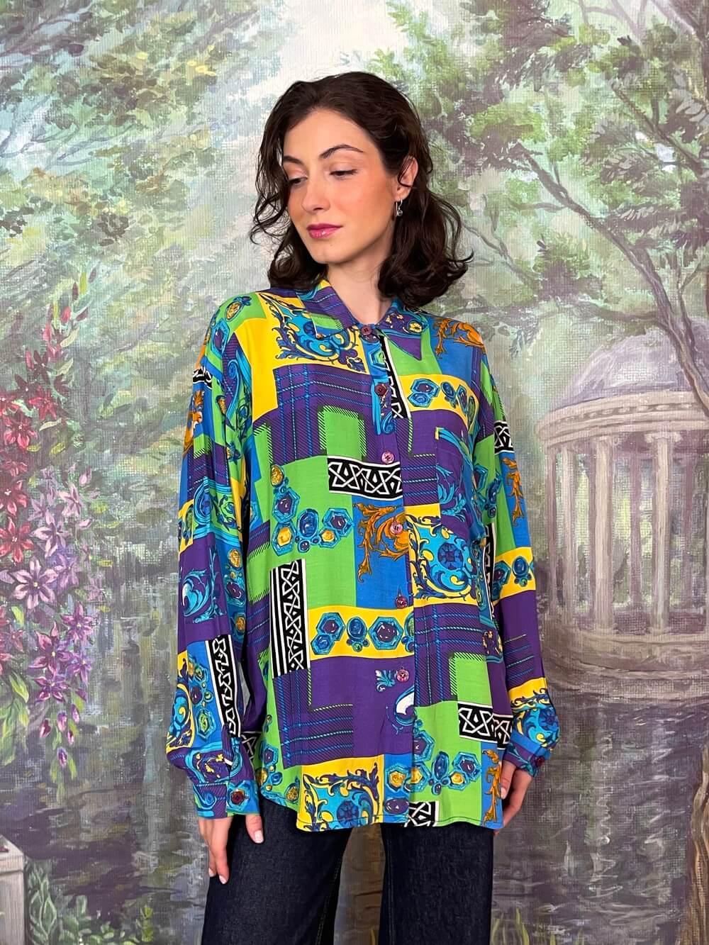 Vintage Abstract Print Button-Up Blouse