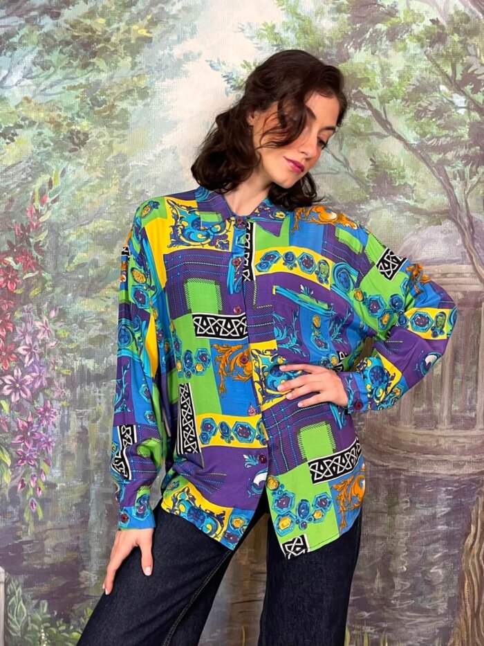 Vintage Abstract Print Button-Up Blouse