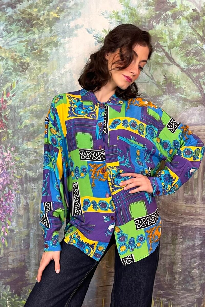 Vintage Abstract Print Button-Up Blouse