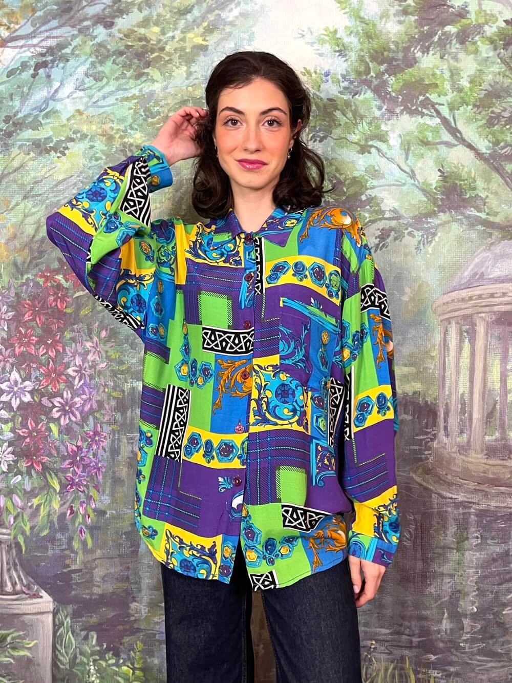 Vintage Abstract Print Button-Up Blouse