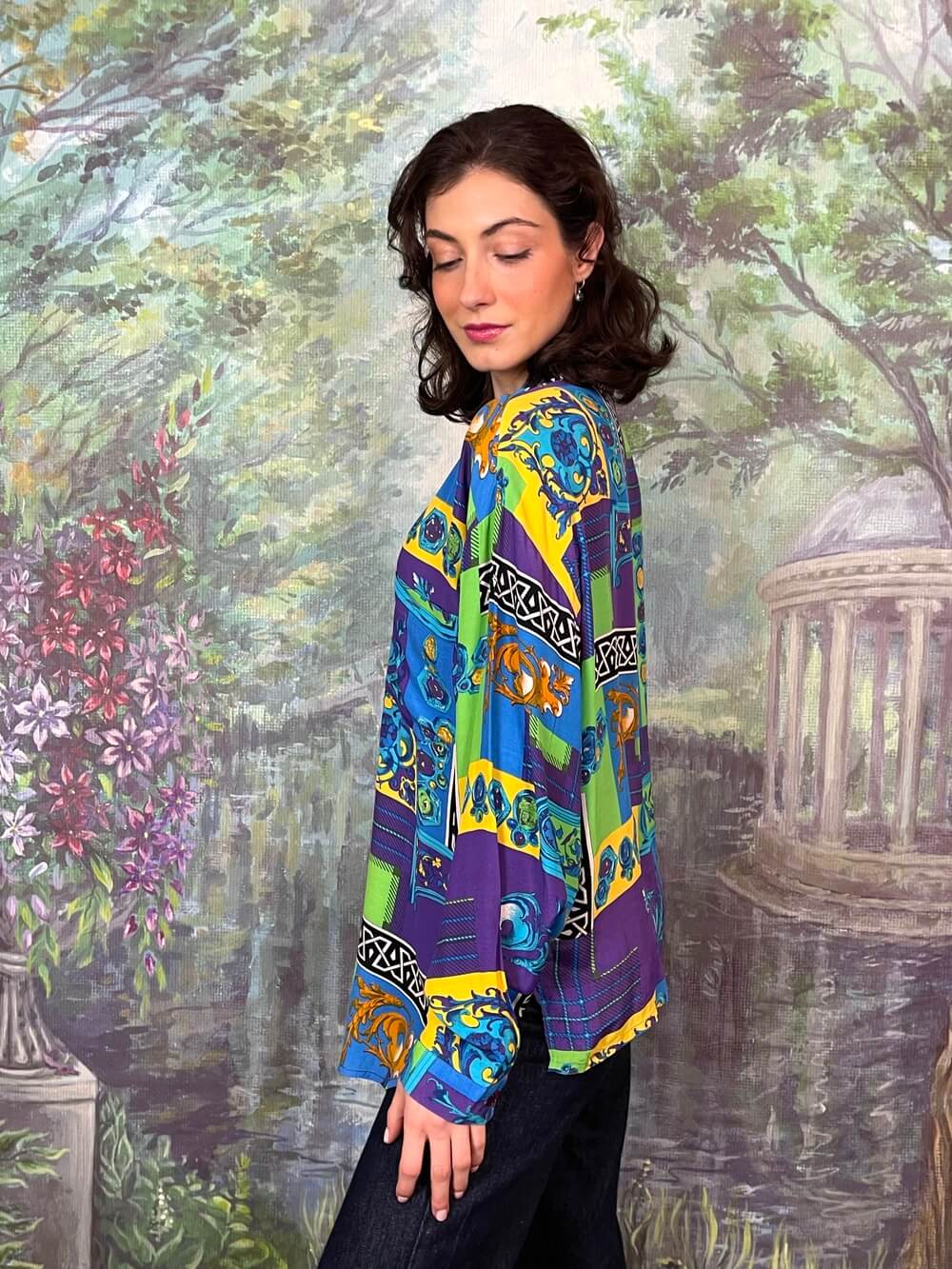 Vintage Abstract Print Button-Up Blouse