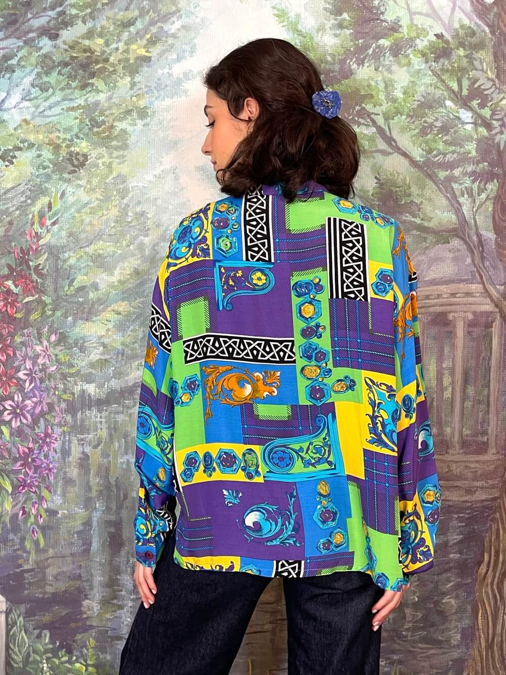 Vintage Abstract Print Button-Up Blouse