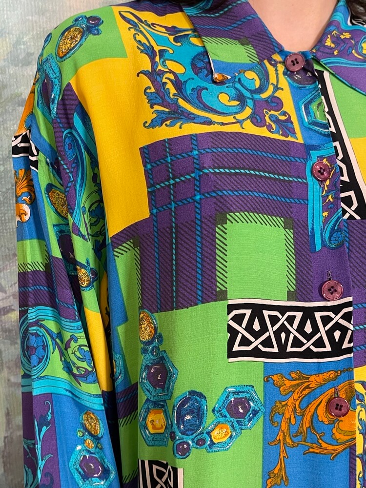 Vintage Abstract Print Button-Up Blouse
