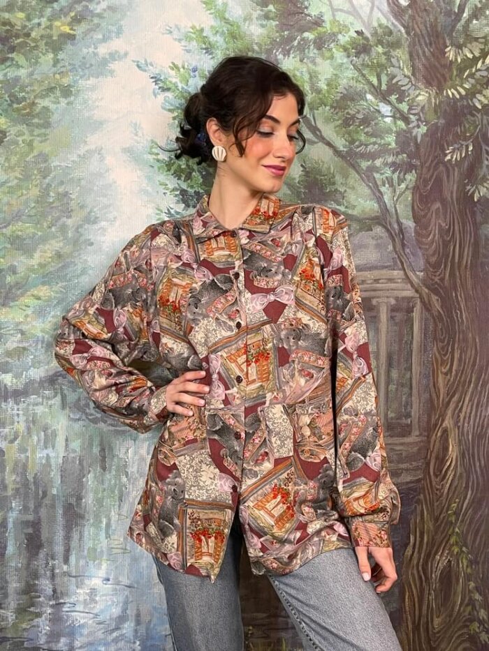 Vintage Scenic Print Button-Up Shirt