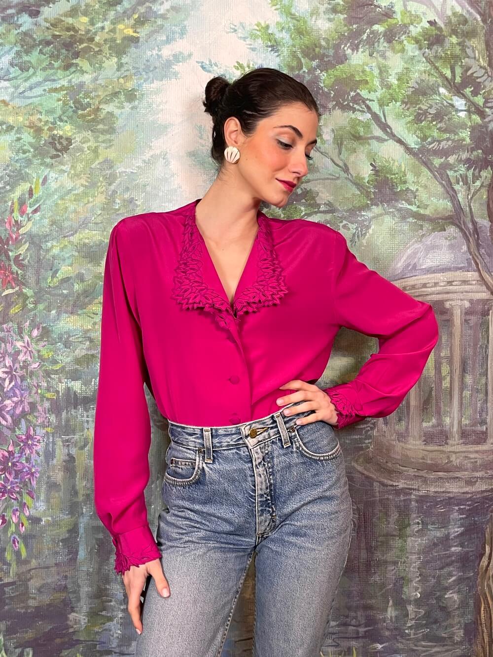 Vintage Fuchsia Blouse with Cutwork Details