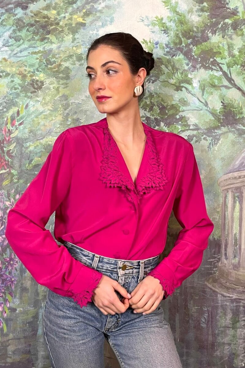 Vintage Fuchsia Blouse with Cutwork Details