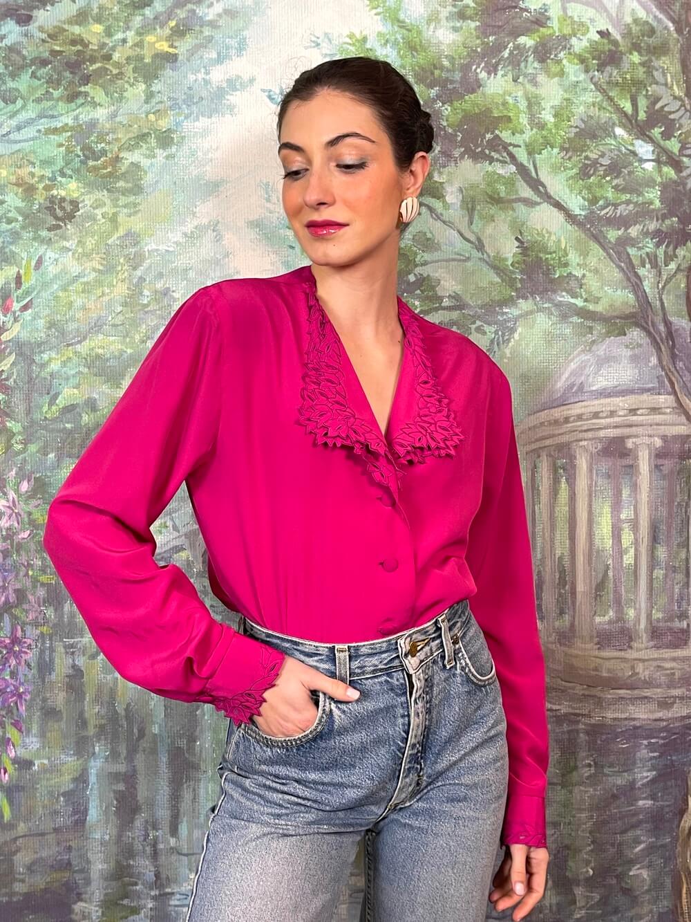 Vintage Fuchsia Blouse with Cutwork Details