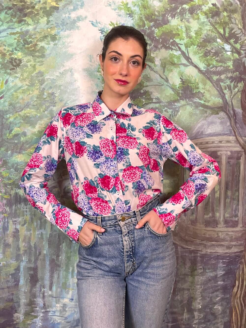 Vintage Hydrangea Floral Button-Up Shirt