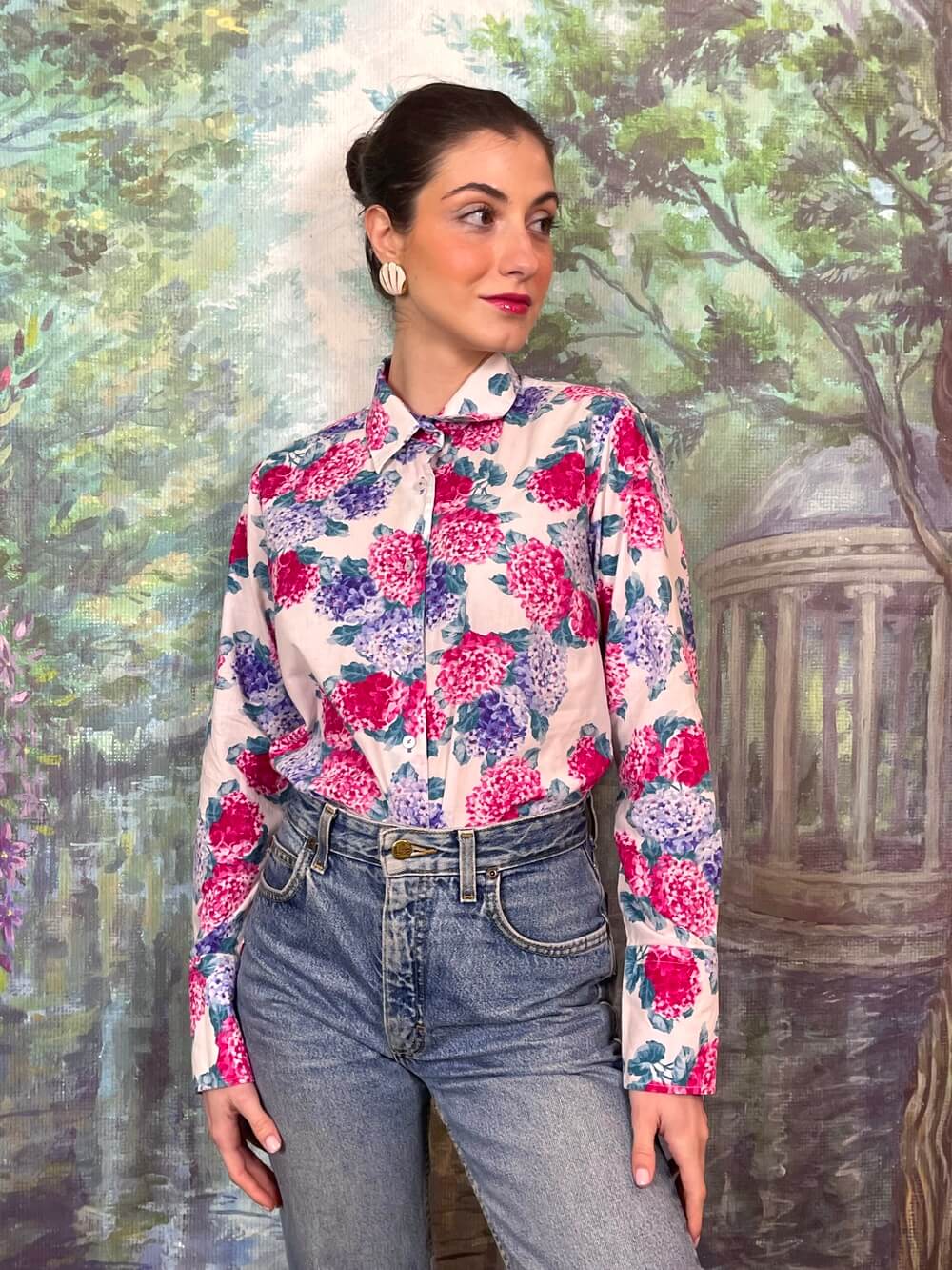Vintage Hydrangea Floral Button-Up Shirt