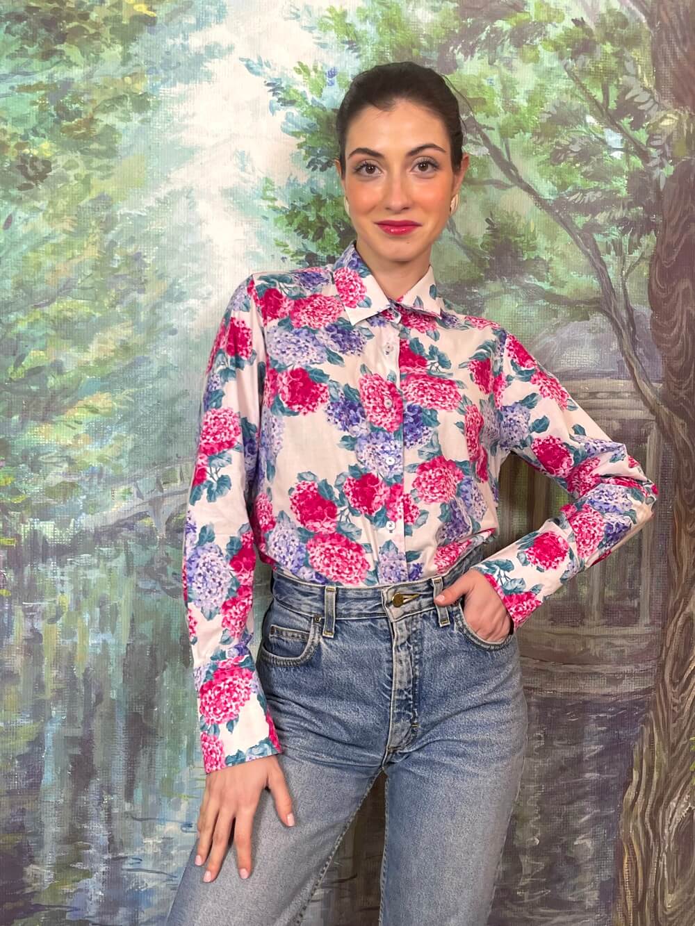 Vintage Hydrangea Floral Button-Up Shirt