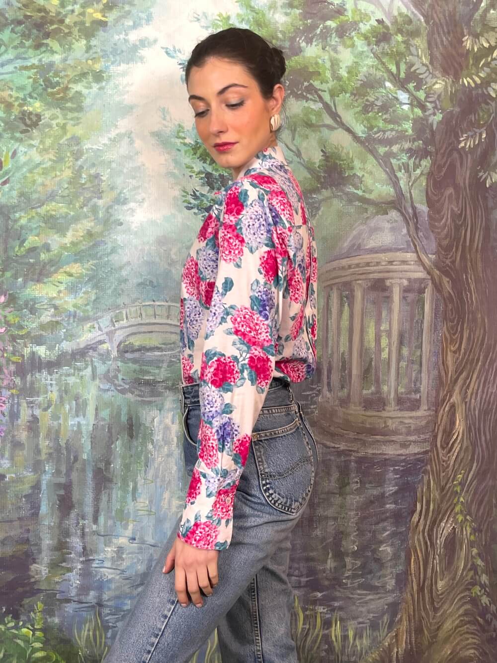 Vintage Hydrangea Floral Button-Up Shirt