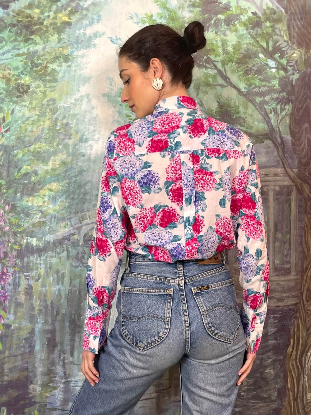 Vintage Hydrangea Floral Button-Up Shirt