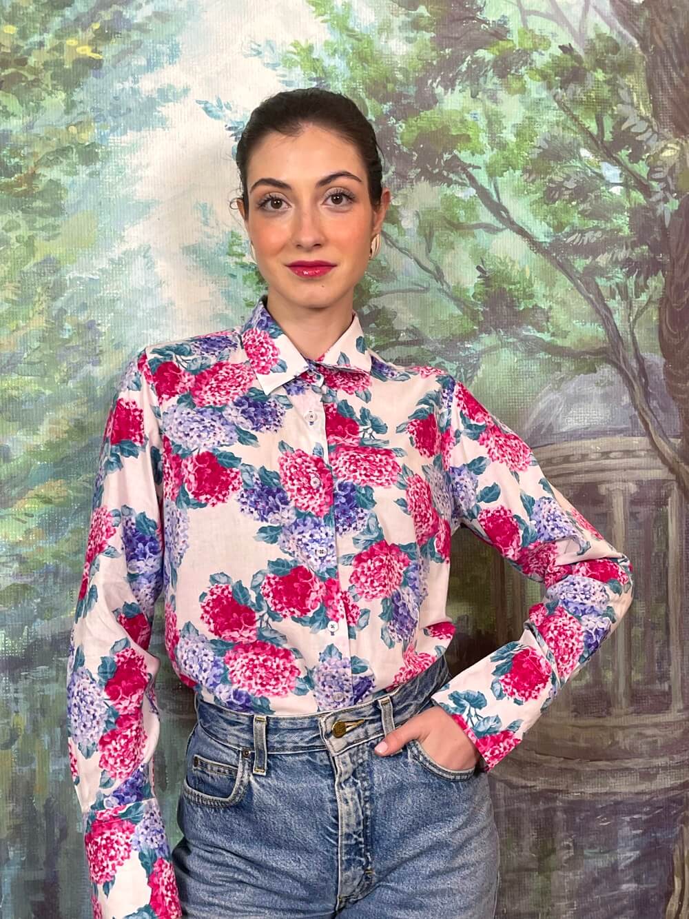 Vintage Hydrangea Floral Button-Up Shirt